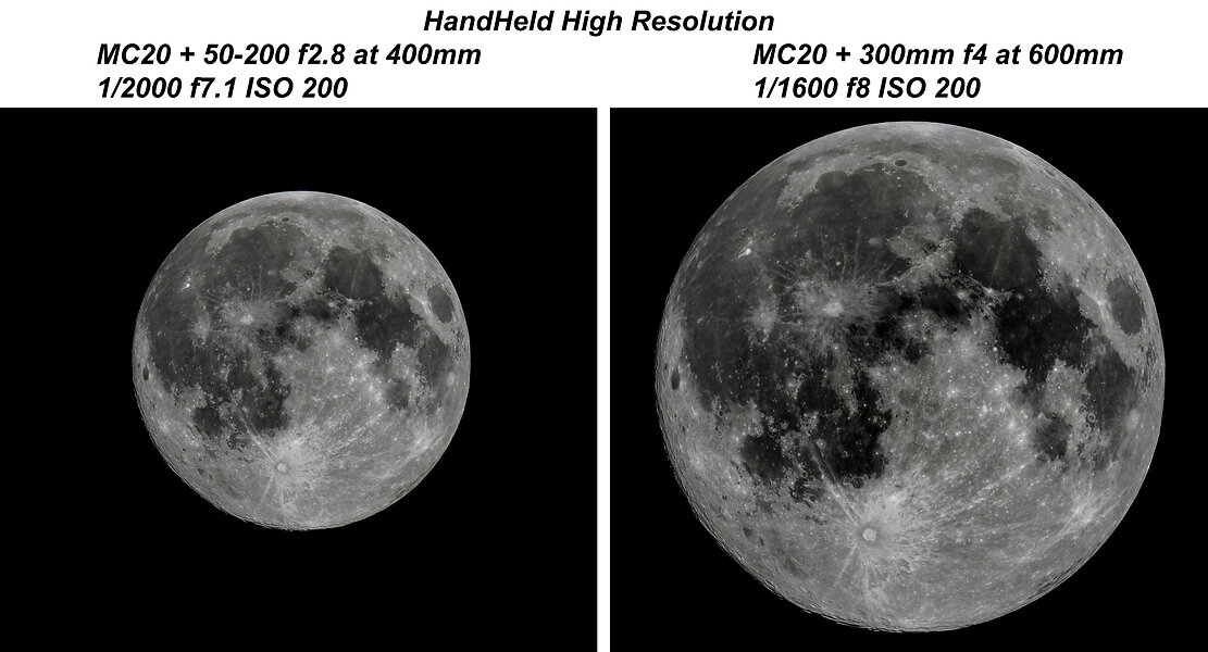 Moon: HHHR – Comparison of MC20 with the 50-200 f2.8 and the 300mm